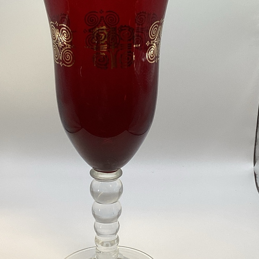 Ruby, Red Fluted wine/water glass with Art Deco, gold motif